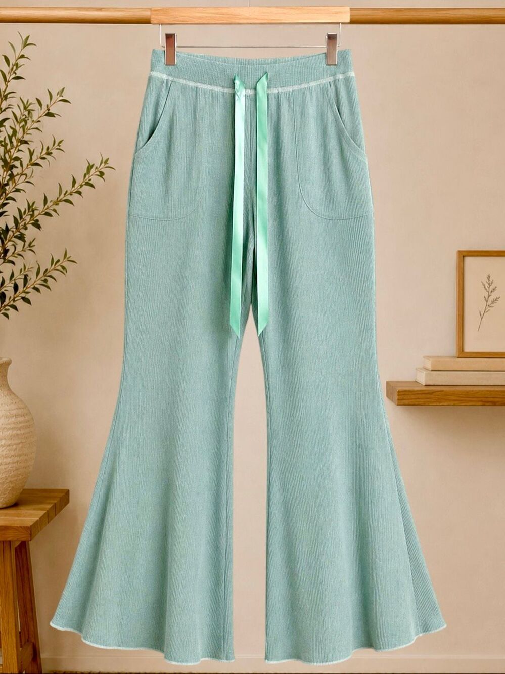 POL Drawstring Ribbed Knit Flare Lounge Pants | Wide Leg | Pale Sage | Pockets - Picture 11 of 11